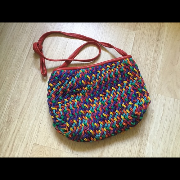 Vintage Handbags - Vintage 80s Leather Woven Knitted Multicolor Purse